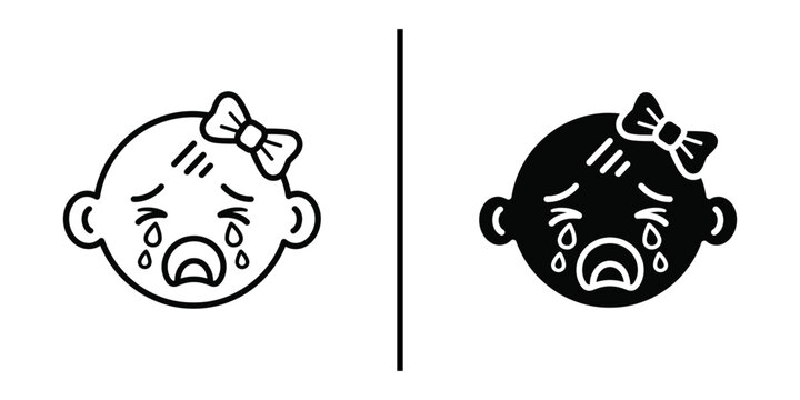 A crying baby girl with a bow in her hair is depicted in two contrasting black and white illustrations.