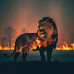 Majestic Lion Roaring Amidst Forest Inferno