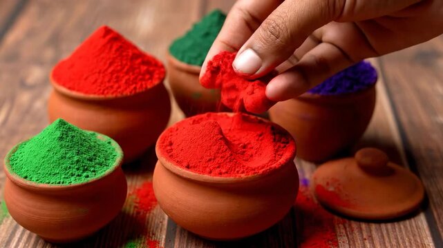 Hand picking up red Holi powder from a clay pot. Traditional colorful gulal in earthen bowls on a wooden table. Indian festival preparation
