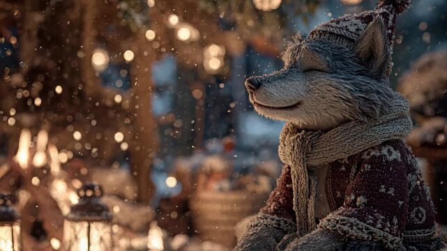 A gray and white anthropomorphic wolf seated at a red-blanketed table during multiple holidays Christmas, New Years Eve, Chinese New Year Snowflakes falling, warm lighting, Christma - AI-Generated