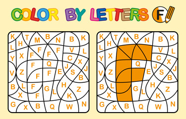 Color by letter F coloring page. Puzzle game for preschool education