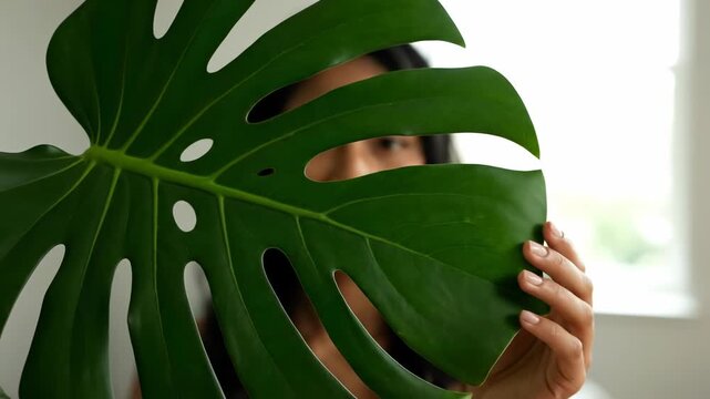 Close-up of woman hiding face behind large green Monstera leaf. Natural beauty and skincare concept