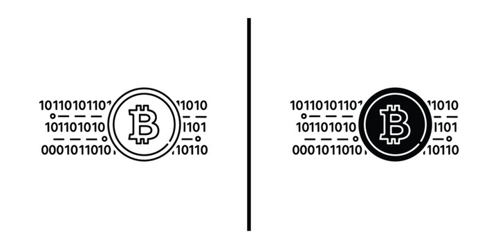 A digital illustration of Bitcoin logos with binary code on a white background