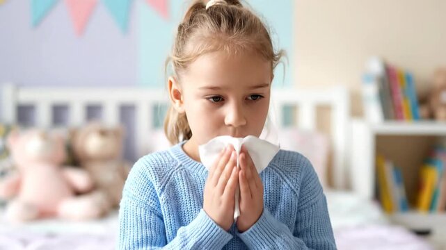 Young girl blowing her nose with a tissue in a bedroom. Sick child suffering from a cold or allergies at home. Childhood illness concept