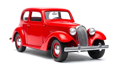 Vintage Red Car Model on White Background.