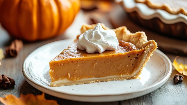 A slice of pumpkin pie with whipped cream on top sits on a white plate surrounded by autumnal decorations