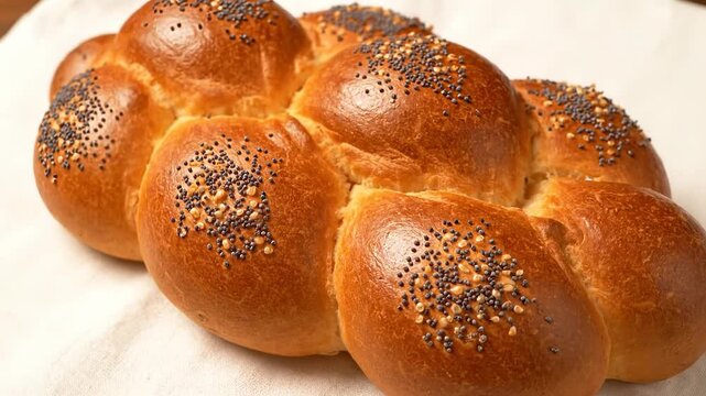 Whole braided Challah bread loaf with poppy seeds. Freshly baked traditional Jewish food for Shabbat or holiday meal