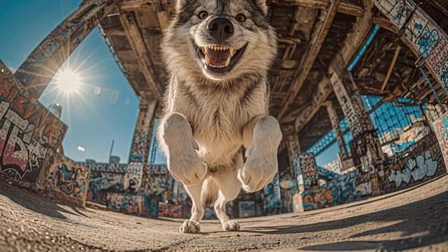 A wolf-like canine in mid-leap, set against an urban warehouse backdrop with graffiti The canines fur is predominantly dark, with a lighter underbelly and paws The setting is an aban - AI-Generated