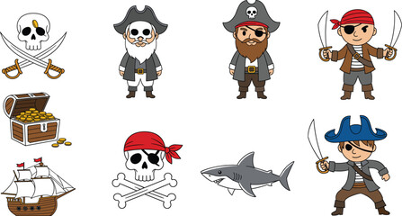 Obraz premium PrintCute Pirate Character and Icon Set with Skull, Treasure Chest, Ship, Shark, and Cartoon Buccaneer Illustrations for Kids Designs