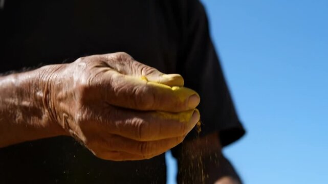 Close-up of elderly hands sifting yellow turmeric powder against a blue sky. Old man holding traditional haldi or Holi color. Cultural ritual concept