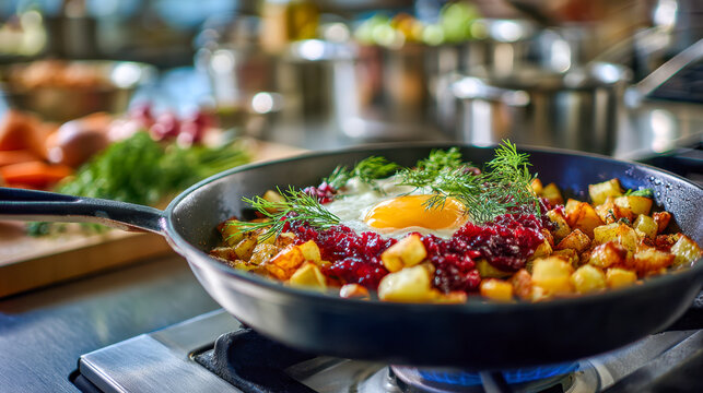 Rustic skillet breakfast with fried potatoes, sunny side egg, fresh dill, and vibrant red berry sauce cooking over an open flame in a cozy kitchen setting