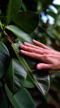 vertical video. Close-up of a young girl running her fingers over a green leaf. Feeling the moment. Calm meditation.