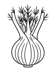 A black and white illustration of an onion with green shoots growing