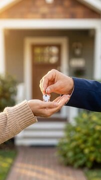 Close up of a real estate agent handing keys to a new homeowner in front of a house. Man giving a key to a woman after buying a property. Mortgage and family relocation concept