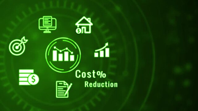 Digital infographic displaying financial for cost percentage analysis including a computer screen with charts a house a target with an arrow stacked coins with a dollar sign and a document with a