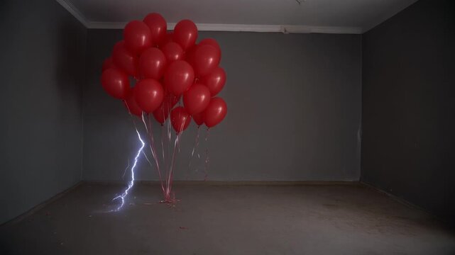 Red Balloons Floating with Electrical Lightning Arcs in Dim Empty Room