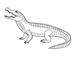 A black and white line drawing of a crocodile with its mouth open