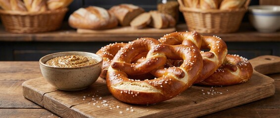 Delicious soft pretzels with mustard dip bakery food photography rustic kitchen close-up authentic german snack experience