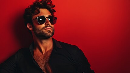 Fototapeta premium A stylish man wearing sunglasses poses against a vibrant red background with confidence and charm.