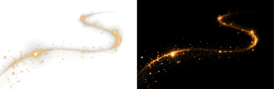Shimmering golden curve creates a magical flowing swirl effect. Sparkles and dust enhance luxury glow. Suitable for abstract motion art and PNG overlays  golden road