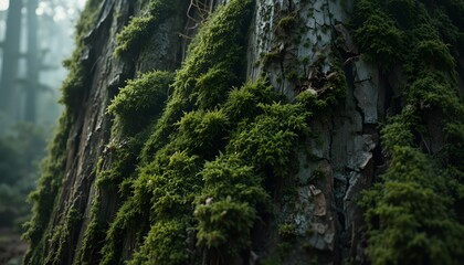 Fototapeta premium Mossy Tree Trunks in Misty Forest Light