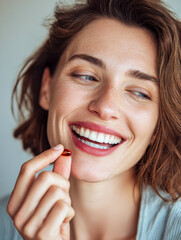 Young woman with short brown hair smiling joyfully as she holds a red supplement capsule near her mouth in natural light background