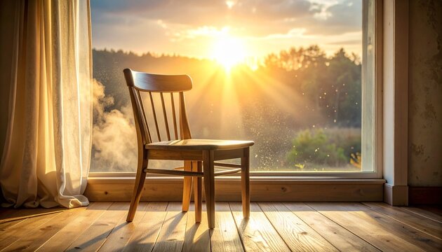 Leerer Stuhl am Fenster im Morgenlicht
