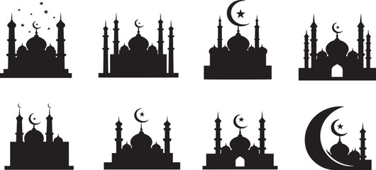 Fototapeta premium Collection of islamic mosque silhouettes with crescent moon and star icons