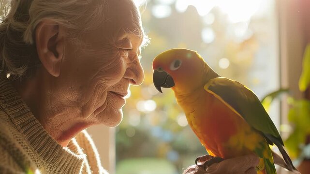 Elderly Woman and Colorful Parrot Share a Tender Moment.