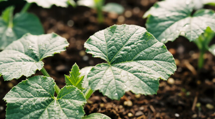 Obraz premium Young cucumber plants with green leaves and water droplets. Fresh squash growth in garden soil during spring