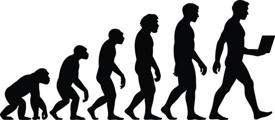 Human evolution silhouette, primate to modern man, laptop figure, technological progress, upright posture, development stages, anatomy transition, concept illustration © Iqbal creative 