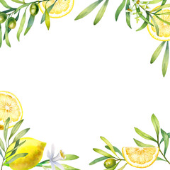 Hand drawn watercolor square frame with lemons and green olives isolated on a white background.