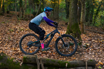 Obraz premium Autumn Forest Mountain Biker Navigates Rugged Trail With Focus And Speed