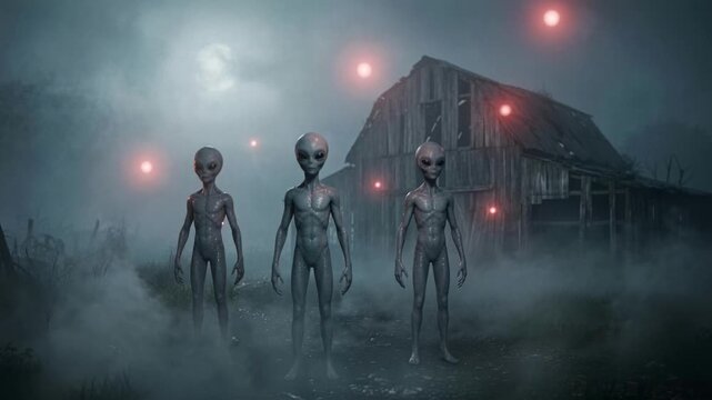Three grey alien creatures standing in front of an old wooden barn in dense fog at night with red lights. Extraterrestrial beings invading a farm. Sci-fi and paranormal mystery concept