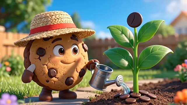 Surreal chocolate chip cookie gardener watering a chocolate chip plant
