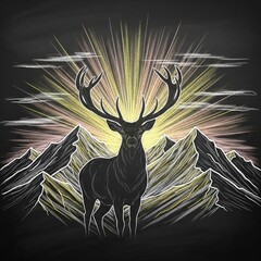 Majestic Stag Silhouette Against Mountain Peaks and Radiant Light