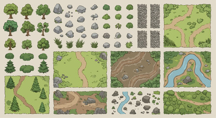 Top down vector map elements: trees, rocks, bushes, paths, rivers, grass, dirt. Game asset kit, isolated on white. © sweet.love.com