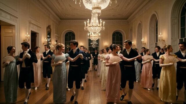 Group of elegant people in vintage costumes dancing at a regency era ball in a luxury hall with chandeliers. Men and women performing a historical dance. Period drama and romance concept