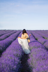 a beautiful woman in a long white dress and a large braided hat in a lavender field. View from the back. In the hands of a basket with flowers © Марина Шавловская