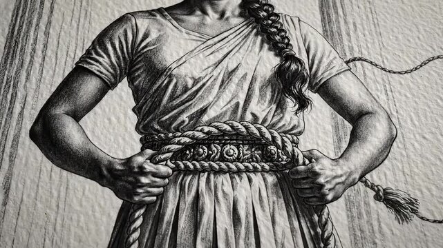 A woman in a flowing garment adjusts a decorative rope around her waist. The rope and fabric create a composed scene of classical attire and detail.