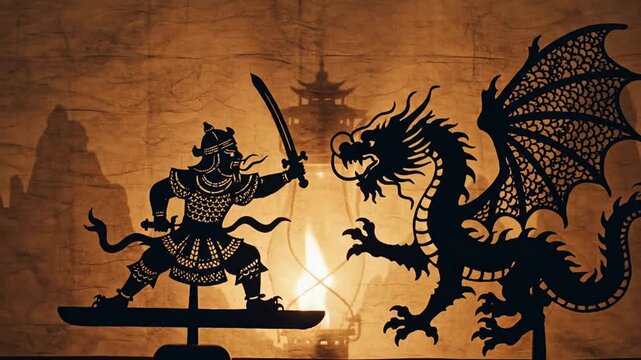Traditional Asian Shadow Puppet Play: Heroic Warrior Battling a Mythical Dragon in a Dramatic Scene with Ancient Architecture Silhouettes