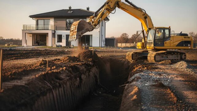 Construction site features an excavator digging a trench for a foundation. Modern house is in the background, sunny day, earthworks are underway. Illustrates land preparation, building