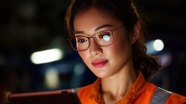 A focused young woman in safety attire uses a tablet device in a work environment, highlighting the intersection of technology 