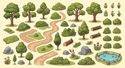 Vector nature elements set: green trees, bushes, rocks, flowers, pond, and winding dirt paths for game design or landscape illustration © sweet.love.com