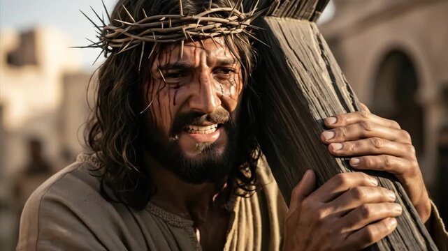 Jesus Christ carrying a wooden cross with a crown of thorns. Religious Easter theme. Suffering and sacrifice, Christian imagery.	