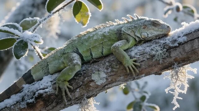 frozen iguana form ice winter in florida video