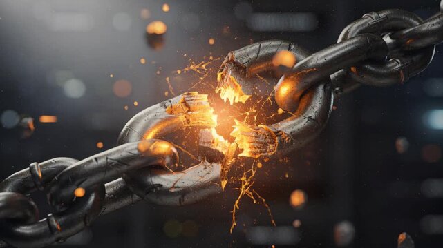 Dramatic visual showcasing a broken chain link, symbolizing freedom, resilience, and overcoming obstacles. The image features a metallic chain shattering with bright sparks, set against a blurred back