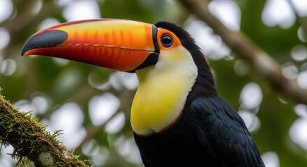 Obraz premium A close-up portrait of a colorful toucan with a large beak, perched on a branch