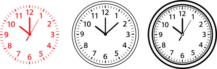 Three distinct graphic analog clocks displaying precisely ten o'clock, presented as simple vector illustrations on a clean white background.