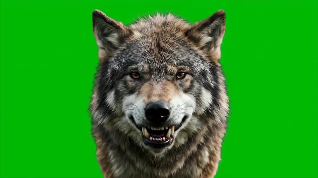 Detailed Portrait of a Gray Wolf on Green Screen Background with Fur and Teeth Displaying Aggression for Nature